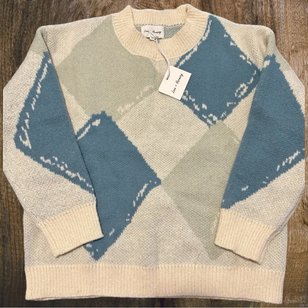 NWT Love & Harmony Argyle Sweater Cream/Teal Size M